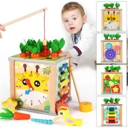 Produktbild: Motorikwürfel Holz Baby ab 1 Jahr, 7 in 1 Aktivitätswürfel, Montessori Activity Center, Karottenernte Holzspielzeug Motorikspielzeug für Kleinkinder Baby