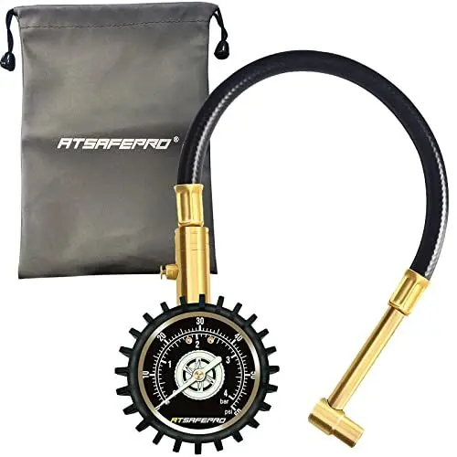 Produktbild: Motorrad Reifendruckmesser 60 PSI, ATsafepro Mechanischer Reifendruckprüfer mit 90 Grad Winkelspannfutter flexibler Schlauch,analoger Luftdruckmesser für Autos, Motos, Fahrräder