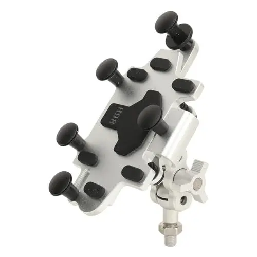Produktbild: Motorrad-Handyhalter, Lenker-Handyhalterung, 3D-Rotation, Stoßdämpfung, 5 Krallen, Verriegelung, Reserve-Laderaum für Motorräder (Silver)