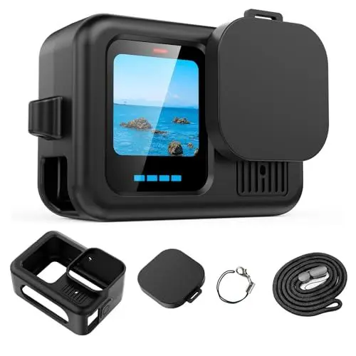 Produktbild: MotuTech Schutzhülle für GoPro Hero 13, Silikon, Schwarz, Schutzhülle, Zubehör-Set, Lens Hood, Deckel, Gurt (Schwarz)