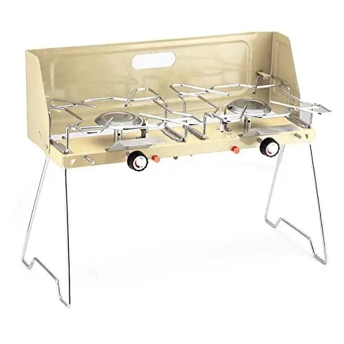Produktbild: MOTUZP Doppelbrenner-Gaskocher, Tragbarer 2-Flammen-Gas-Campingkocher mit Klappbaren Beinen, Camping-Picknickkocher aus Aluminiumlegierung(Beige)