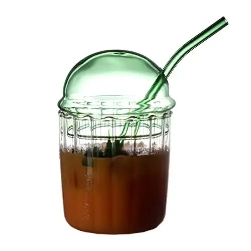 Produktbild: MOTUZP Glasbecher mit Deckel und Strohhalmen, Eiskaffeetasse, Glasbecher mit Strohhalm, Eiskaffeetasse, Niedliche Trinkbecher, Biergläser für Kaffee, Bar, Zubehör, Geschenk (Grün)