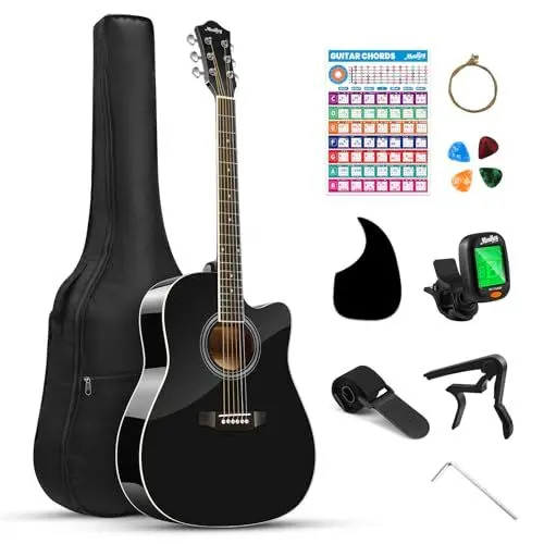 Produktbild: Moukey Acoustic Guitar kits for Beginners, Adults, 41 Inch 4/4 Guitarra Acustica with Chord Poster, Gig Bag, Tuner, Steel Strings, Capo, Strap, Black