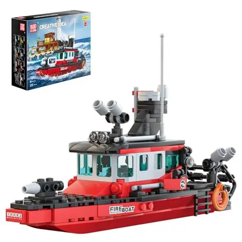 Produktbild: Mould King 10082 City Klemmbausteine Schiff Fischerboot Bausteine Schiff Spielzeug Feuerwehr Segelschiff Modell mit Wasserkanone Schiffbausatz Kompatibel Mit Andere Marke(315 Teile)