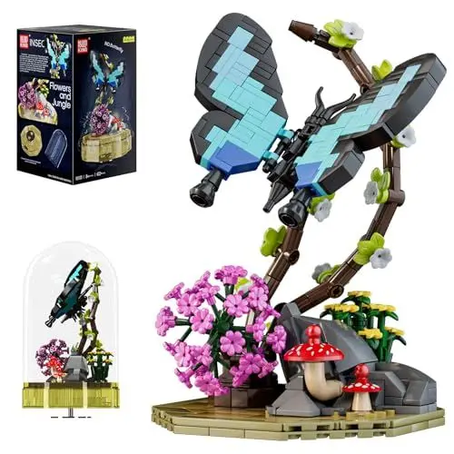 Produktbild: Mould King 10103 Blumen Insekten Klemmbausteine Schmetterling Blumen Bausteine LED Musik Bauspielzeug mit Staubschutzhaube Insekten Sammlung(432 Teile)