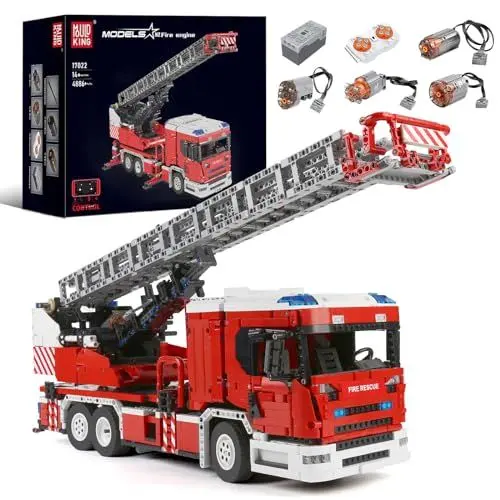 Produktbild: Mould King 17022 Technik Feuerwehrauto LKW Bausatz, 4886 Teile Feuerlöschleiter LKW Modell mit 8 Motoren, Ferngesteuert Feuerwehrauto Bausteine, Fernbedienung und APP Steuerung