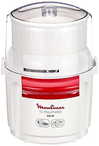Produktbild: Moulinex AD5601 Moulinette-Zerkleinerer, 800 W, Hacken, Mixen und Kurz, System 1 – 2 – 3 Schnellbedienung, Klinge aus Edelstahl, Weiß und Rot, Schwarz