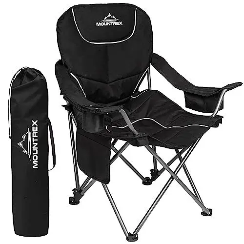 Produktbild: MOUNTREX Campingstuhl - Klappstuhl bis 150kg - Angelstuhl, Strandstuhl - verstellbare Rücken- & Armlehne, faltbar, gepolstert, klappbar - Camping Stuhl Inkl. Kühltasche, Getränkehalter (Schwarz)