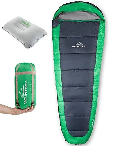 Produktbild: MOUNTREX® Schlafsack – Ultraleicht & Kompakt (850g) - Outdoor Sommerschlafsack - Mumienschlafsack (205x75cm) - Kleines Packmaß und Leicht - für Jugendliche und Erwachsene + Bonus Reisekissen