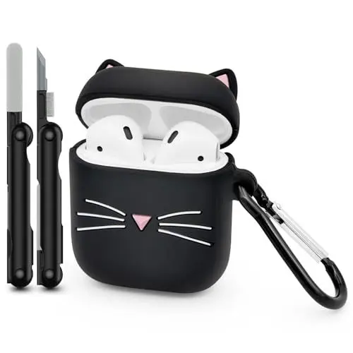 Produktbild: Mouzor Niedliche Airpods Hülle, Whisker Katzen Airpods 2 Hülle, 3D Tiere Schwarze Katze Kitty Airpod 1 Generation, 2 Generation Stoßfeste Silikon Ladehülle und Karabiner