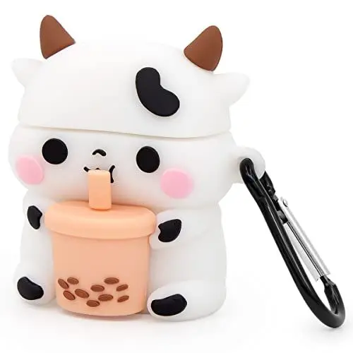 Produktbild: Mouzor süße Airpods Hülle, Airpods 2 Hülle, Boba Tee Kuh Lustige 3D Cartoon Tierhülle, weicher PVC-Vollschutz, stoßfest, Ladehülle mit Karabiner für Airpods 1. Generation, 2. Generation