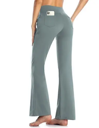 Produktbild: MOVE BEYOND Damen Yogahose Sporthose Bootcut Butterweiche Jogginghose Schlaghose Leggings mit Taschen, Hellgrau, S