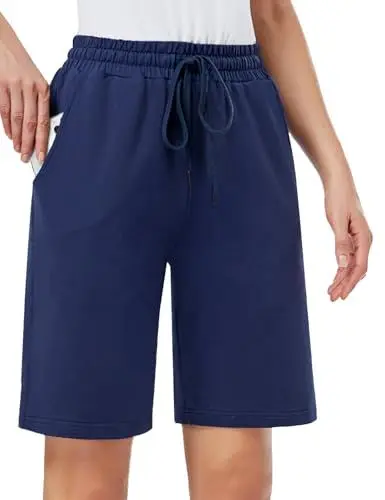 Produktbild: MOVE BEYOND Damen Bermuda Shorts Kurze Hose Sommer Baumwolle Sporthose Jogginghose Knielang mit 3 Taschen, Blau, L