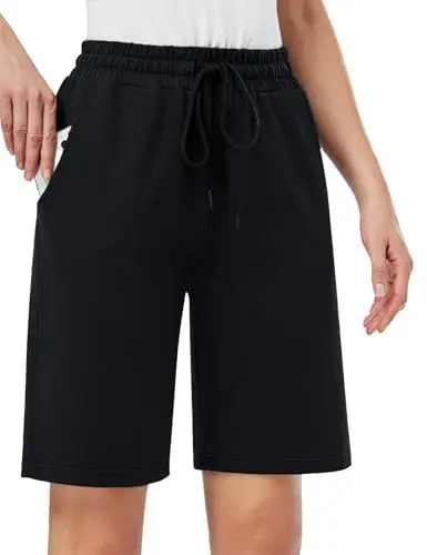 Produktbild: MOVE BEYOND Damen Bermuda Shorts Kurze Hose Sommer Baumwolle Sporthose Jogginghose Knielang mit 3 Taschen, Schwarz, L