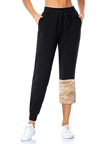 Produktbild: MOVE BEYOND Damen Warme Gefütterte Jogginghose Thermo Fleece Hosen mit 2 Taschen Winter Verdickte Laufhose Freizeithose mit Kordelzug Sherpa-Innenfutter Sweathose, Schwarz, Plüschhose, L