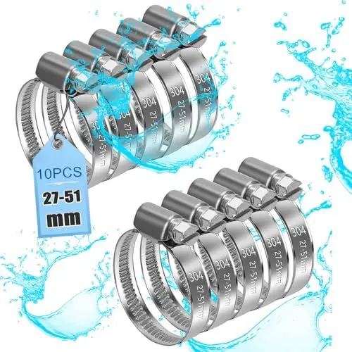 Produktbild: moveland 10 Stück 27-51mm Schlauchschellen Edelstahl - Rostfreie 304 Schlauchschellen - Verstellbares Schlauchschellen Set - Keine Beschädigung des Schlauches, für Garten, Pool, Schornstein