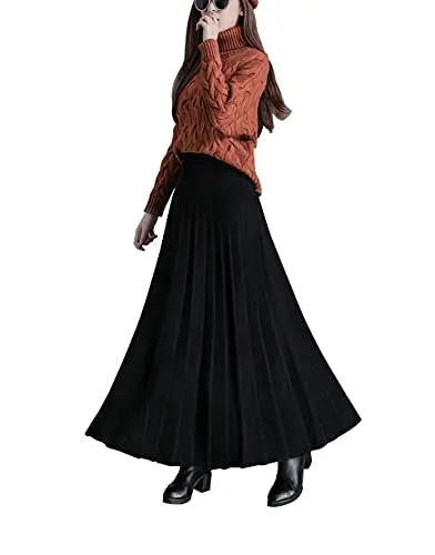 Produktbild: Moviendress Damen Winter Maxi Strickrock Glockenrock Elastische Hohe Taille Lang Kleider Faltenrock (S, Schwarz 5)