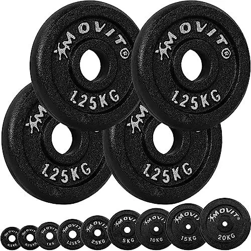 Produktbild: MOVIT® Hantelscheiben Set PRO, 100% Gusseisen, 30/31 mm Bohrung, Gewichtsscheiben Set Gewichte Hantel 4x 1,25kg
