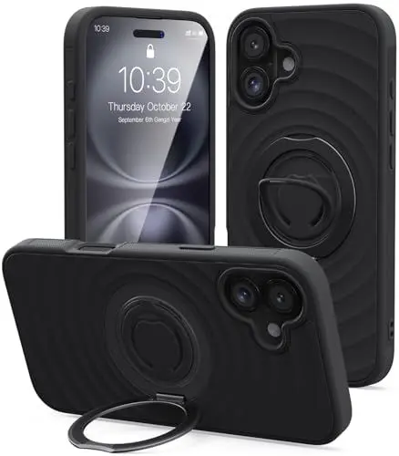 Produktbild: Mowei für iPhone 16 Hülle (360° Drehbarer Ring) kompatibel mit MagSafe, Fallschutz Kratzfest Handyhülle für iPhone 16 (2024)-Schwarz