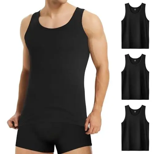 Produktbild: Mowenti 3er Pack Unterhemd Herren Tank Top Schwarz Herren 100% Baumwolle Muscle Ohne Arm Tanktops Feinripp für Sport Gym L