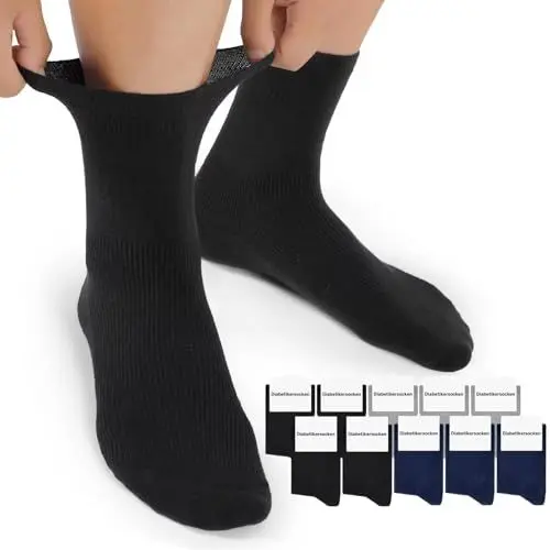 Produktbild: Mowenti Diabetikersocken Für Herren 43-46 10 Paar ohne Naht ohne Gummibund aus Baumwolle Diabetiker Socken Damen Schwarz Grau Blau Herrensocken Damensocken