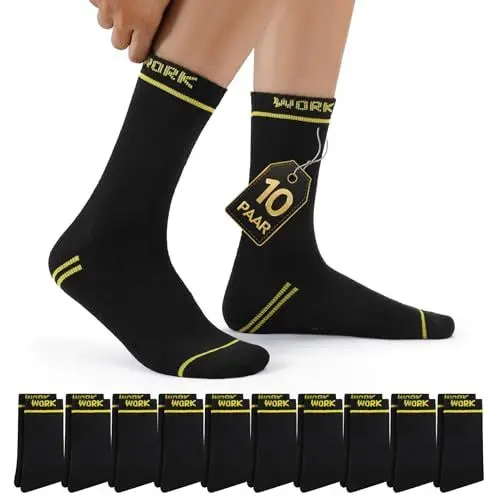 Produktbild: Mowenti Socken Herren 43-46 Dicke Herrensocken Baumwolle Schwarz Arbeitssocken Strümpfe Baumwollsocken Frottee Wintersocken Warme WORK Socks Winter Sportsocken 10 Paar