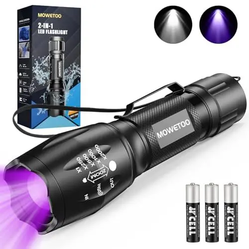 Produktbild: MOWETOO Taschenlampe, UV Lampe 2 in 1 Schwarzlichtlampe, 395nm Ultraviolette 4 Modi, Detektor für Unechte Banknoten, Urin von Hunde und Andere Haustiere Urin-Detektor, Inklusive 3 AAA Batterien 40W