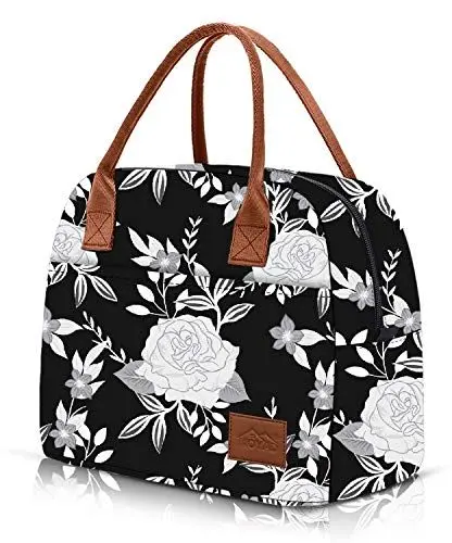 Produktbild: Moyad Mini Kühltasche Klein Lunchtasche Damen Lunchbag Mit Reißverschluss Thermo Lunchbox Kühlbox Für unterwegs Schule Fahrrad Faltbar Wasserdicht 12L Blumen Schwarz