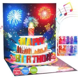 Produktbild: Mozmmhi DIY Alter Geburtstagskarte Geschenke, 3D Pop Up Musik Feuerwerk Happy Birthday Karten mit ausblasbarer Kerze, LED Licht Grußkarten für Frauen Männer Mama Kinder