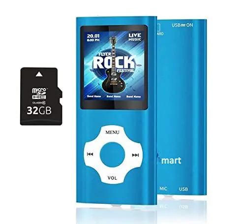Produktbild: MP3 Player mit 32GB MicroSD Speicherkarte, Tabmart MP4 Musik Player Unterstützung Audio Player Media Player FM Radio E-Books Lange Akkulaufzeit 1,81 Zoll Farbdisplay Musik Player Blau