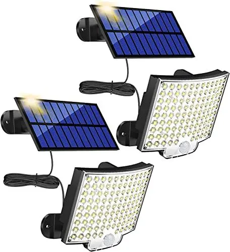 Produktbild: MPJ Solarlampen für Außen, 106 LED Solarleuchte Aussen mit Bewegungsmelder, IP65 Wasserdichte, 120°Beleuchtungswinkel, Solar Wandleuchte für Garten mit 5m Kabel-2 Stücke