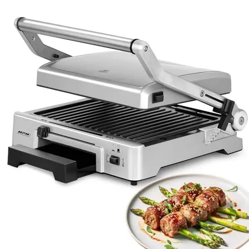 Produktbild: MPM - MGR-10M - Grill, Kontaktgrill - Elektrogrill - Tischgrill Elektrisch - 2000 W - Elektro Grill 150-230 °C - Höhenverstellbare Platte, Klappbar - Grill Elektrisch - Elektrogrill für Balkon, Küche