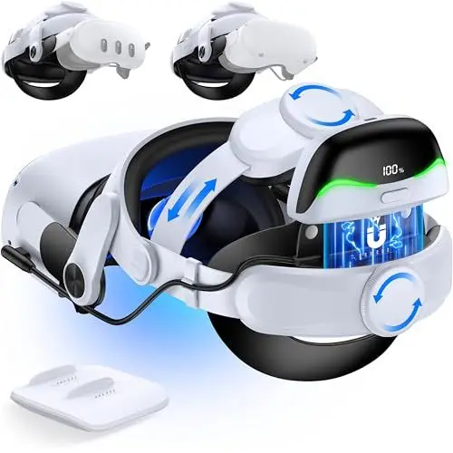 Produktbild: Elegamefy MQ4000 Serie Double Knobs Verstellbares Strap für Meta Quest 3/2, Elite Strap mit Magnetischem Akku und Ladestation, Verlängert die Spielzeit, Schnelles Aufladen für Oculus VR Headstrap
