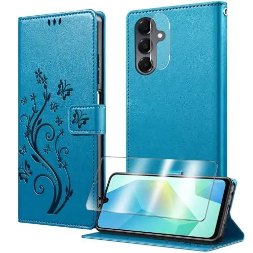 Produktbild: MQERYBV Handyhülle für Samsung Galaxy A17 Hülle mit 1*Schutzfolie & 1*Kamera Folie, PU Leder Brieftasche Stoßfeste (Magnet)(Standfunktion)(Kartenfächern) Schutzhülle Klapphülle Flip Case, Blau