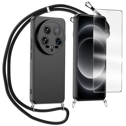 Produktbild: MQERYBV Handykette Kompatibel mit Xiaomi 14 Ultra Hülle mit Glasfolie, Necklace Handyhülle mit Abnehmbar Kordel zum Umhängen Silikon Schutzhülle mit Band in Schwarz
