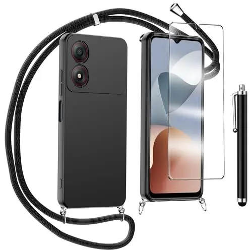 Produktbild: MQERYBV Handykette Kompatibel mit ZTE Blade A34 Hülle mit Glasfolie, Necklace Handyhülle mit Abnehmbar Kordel zum Umhängen Silikon Schutzhülle mit Band in Schwarz