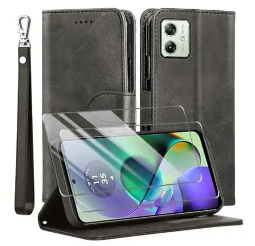 Produktbild: MQERYBV Kompatibel mit Moto G54 5G Hülle, Leder Flip Stoßfeste Handyhülle, Magnetische Schutzhülle Silikon TPU(Kartenfach)(Standfunktion)(2X Displayschutzfolie) Case -Schwarz