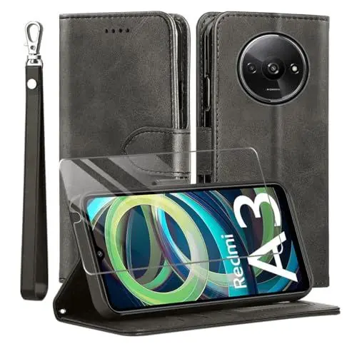 Produktbild: MQERYBV Kompatibel mit Xiaomi Redmi A3 Hülle, Leder Flip Stoßfeste Handyhülle, Magnetische Schutzhülle Silikon TPU(Kartenfach)(Standfunktion)(1X Displayschutzfolie) Case -Schwarz