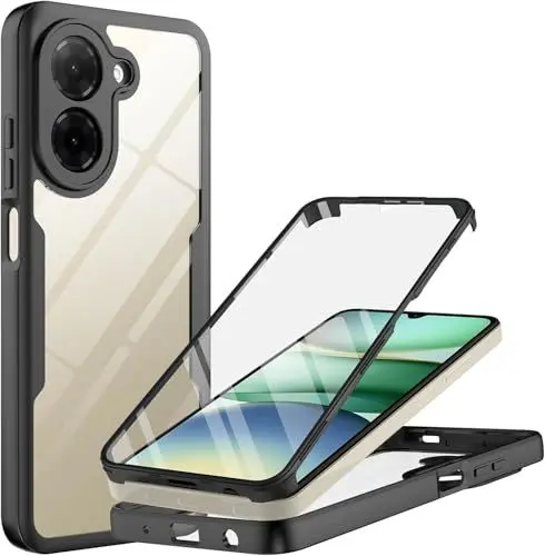 Produktbild: MQERYBV Kompatibel mit Xiaomi Redmi A5 4G Hülle, 360°Grad vollschutz Stoßfest Handyhülle Transparent Rugged Schutzhülle Silikon Bumper Cover mit eingebautem Displayschutz Schwarz