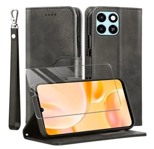 Produktbild: MQERYBV Kompatibel mit ZTE Blade A55 / A35 Hülle, Leder Flip Stoßfeste Handyhülle, Magnetische Schutzhülle Silikon TPU(Kartenfach)(Standfunktion)(1X Displayschutzfolie) Case -Schwarz