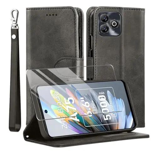 Produktbild: MQERYBV Kompatibel mit ZTE Blade A75 4G Hülle, Leder Flip Stoßfeste Handyhülle, Magnetische Schutzhülle Silikon TPU(Kartenfach)(Standfunktion)(1X Displayschutzfolie) Case -Schwarz