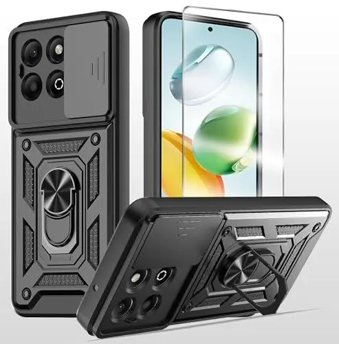 Produktbild: MQERYBV hülle für Honor 200 Smart 5G Handyhülle Kameraschutz Slide Camera mit 1 Stück Panzer Schutz Glas, 360 Grad Drehbar Metall Ring Fallschutz Handy Hüllen Outdoor Schutzhülle Cover Schwarz
