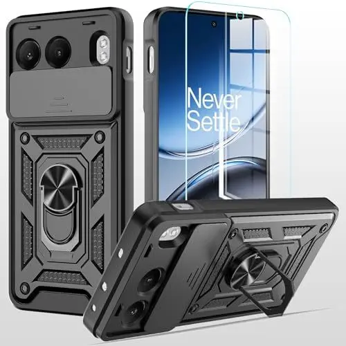 Produktbild: MQERYBV hülle für OnePlus Nord 4 Handyhülle Kameraschutz Slide Camera mit 1 Stück Panzer Schutz Glas, 360 Grad Drehbar Metall Ring Fallschutz Handy Hüllen Outdoor Schutzhülle Cover Schwarz