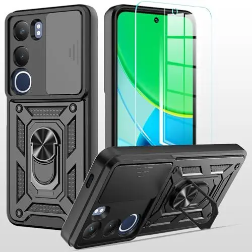 Produktbild: MQERYBV hülle für Vivo Y19S Handyhülle Kameraschutz Slide Camera mit 1 Stück Panzer Schutz Glas ﻿, 360 Grad Drehbar Metall Ring Fallschutz Handy Hüllen Outdoor Schutzhülle Cover Schwarz