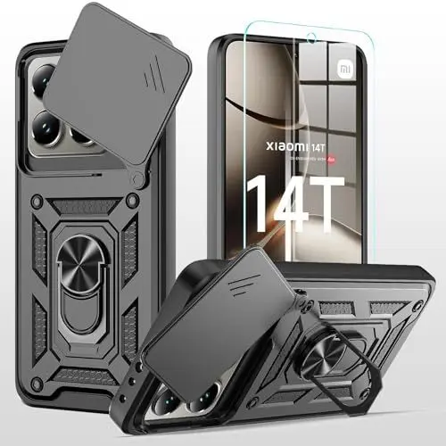 Produktbild: MQERYBV hülle für Xiaomi 14T Handyhülle Kameraschutz Slide Camera mit 1 Stück Panzer Schutz Glas, 360 Grad Drehbar Metall Ring Fallschutz Handy Hüllen Outdoor Schutzhülle Cover Schwarz