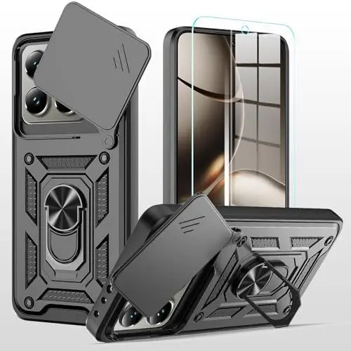 Produktbild: MQERYBV hülle für Xiaomi 14T Pro Handyhülle Kameraschutz Slide Camera mit 1 Stück Panzer Schutz Glas ﻿, 360 Grad Drehbar Metall Ring Fallschutz Handy Hüllen Outdoor Schutzhülle Cover Schwarz