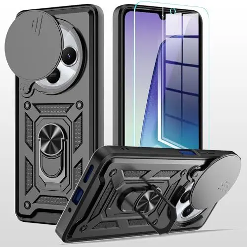 Produktbild: MQERYBV hülle für Xiaomi Redmi 14C Handyhülle Kameraschutz Slide Camera mit 1 Stück Panzer Schutz Glas, 360 Grad Drehbar Metall Ring Fallschutz Handy Hüllen Outdoor Schutzhülle Cover Schwarz