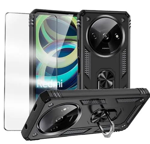 Produktbild: MQERYBV hülle für Xiaomi Redmi A3 Handyhülle mit 1 Stück Panzer Schutz Glas ﻿, 360 Grad Drehbar Metall Ring Fallschutz Handy Hüllen Outdoor Schutzhülle Cover Schwarz
