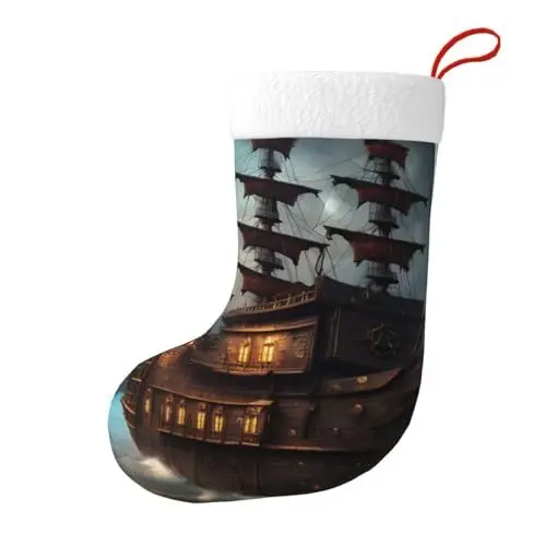 Produktbild: MQGMZ Fantasy Piratenschiff-Druck, Weihnachtsstrümpfe, 45 x 27,9 cm, Weihnachtsdekoration, Weihnachtsbaumstrumpf