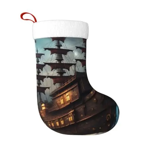 Produktbild: MQGMZ Fantasy Piratenschiff-Druck, Weihnachtsstrümpfe, Weihnachtsgeschenk, Familienurlaub, Kamin, Nikolausstrumpf
